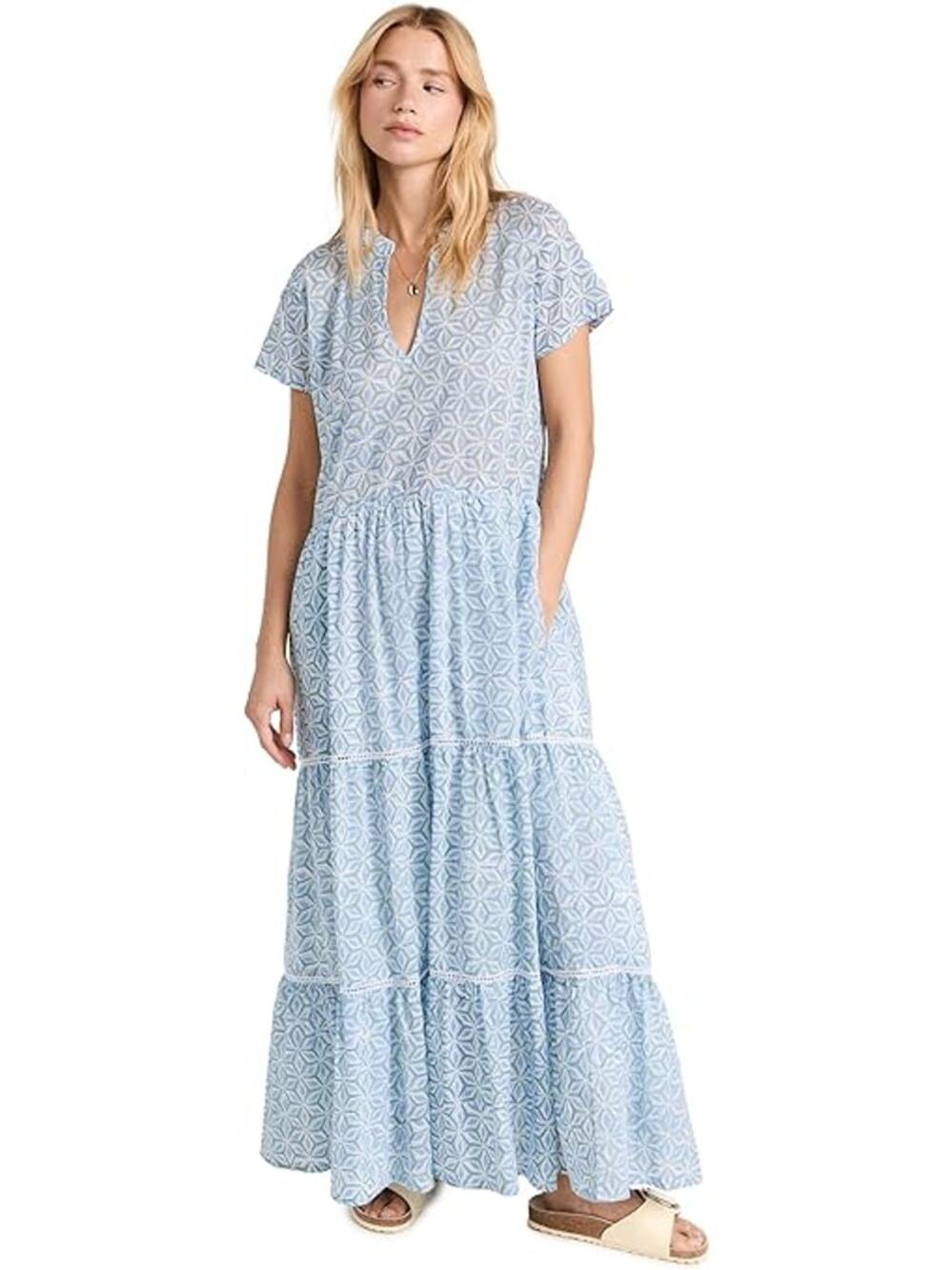Marea Breakers Tiered Maxi Sundress Womens Small Blue Multi Short Sleeve V-Neck
